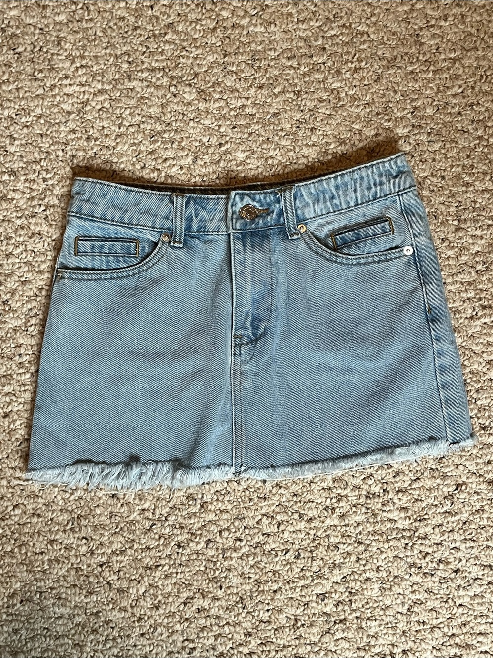 Edikted Light Blue Denim Mini Skirt with Frayed Hem